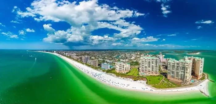 Framed Print : Aerial View of Marco Island, a popular tourist beach town in Florida