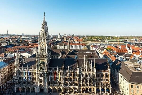 Aerial view on Marienplatz town hall and in Munich, Germany