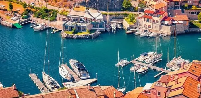 Framed Print : Aerial view of Marina di Portopiccolo town Framed Print : Aerial view of Marina di Portopiccolo town