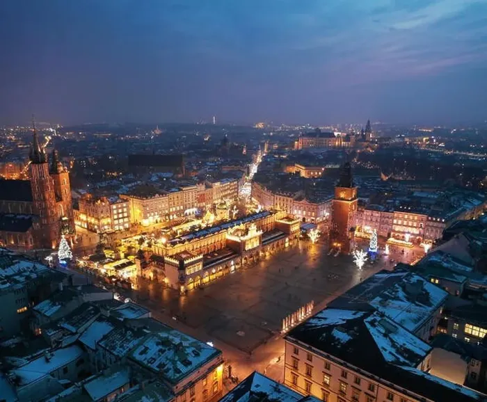 Framed Print : Aerial view of the Market Square in Krakow, Poland at night. Christmas cityscape Framed Print : Aerial view of the Market Square in Krakow, Poland at night. Christmas cityscape
