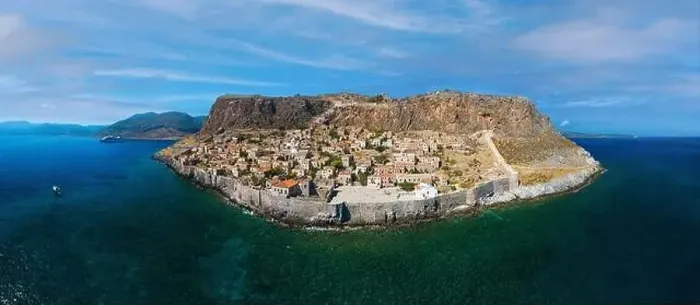 Framed Print : Aerial view of medieval town of Monemvasia located on small island in Lakonia of Peloponnese, Greece Framed Print : Aerial view of medieval town of Monemvasia located on small island in Lakonia of Peloponnese, Greece