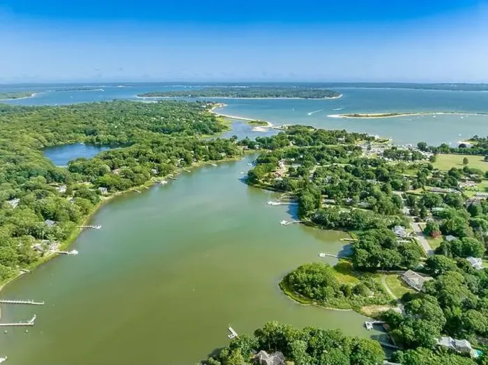 Framed Print : Aerial view of Menantic Creek, Shelter Island, NY