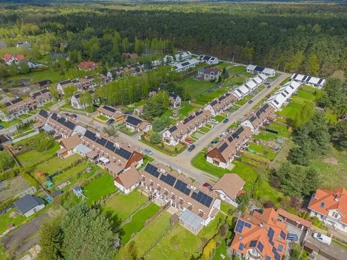 Framed Print : Aerial view of modern residential area with solar panels Framed Print : Aerial view of modern residential area with solar panels