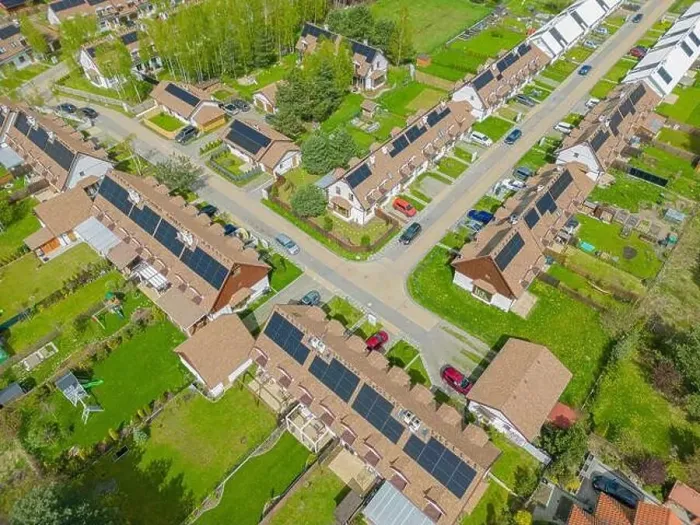 Framed Print : Aerial view of modern residential area with solar panels Framed Print : Aerial view of modern residential area with solar panels