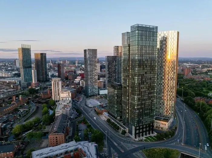 Framed Print : Aerial view of modern skyscrapers in Manchester at dusk Framed Print : Aerial view of modern skyscrapers in Manchester at dusk