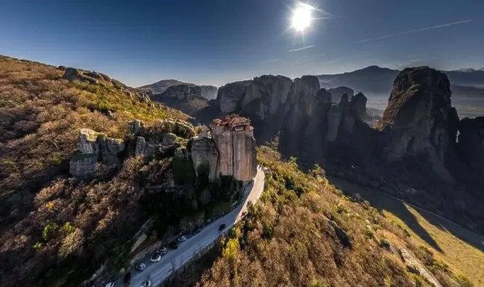 Framed Print : Aerial view of monastery Rousanou and breathtaking picturesque valley and landmark canyon of Meteora at sunset Framed Print : Aerial view of monastery Rousanou and breathtaking picturesque valley and landmark canyon of Meteora at sunset