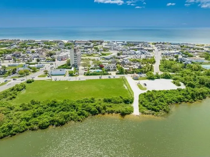 Framed Print : aerial view of montauk's commerical area with ocean in the background Framed Print : aerial view of montauk's commerical area with ocean in the background