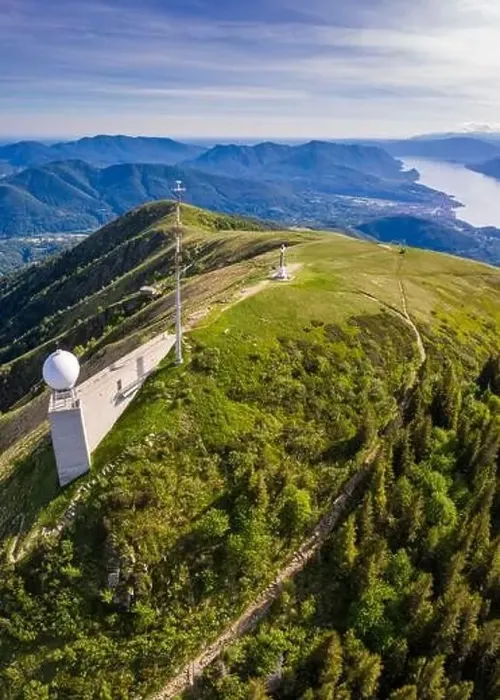 Framed Print : Aerial view from the top of Monte Lema towards Lake Maggiore with its cableway and refuge