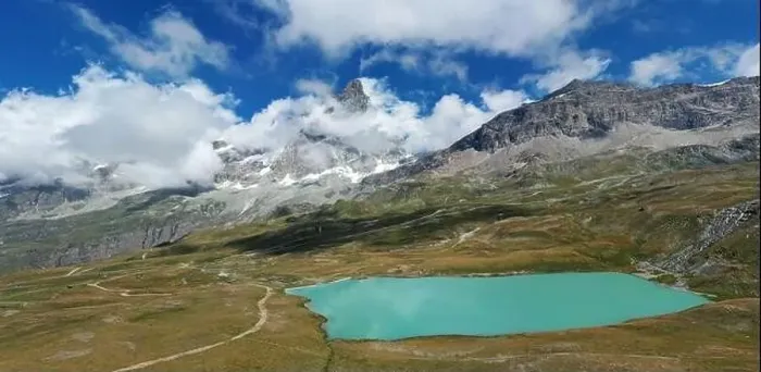 Framed Print : Aerial view of mount Cervino (Matterhorn) and Tramail de Vieille lake from the fields of Plan Maison Framed Print : Aerial view of mount Cervino (Matterhorn) and Tramail de Vieille lake from the fields of Plan Maison