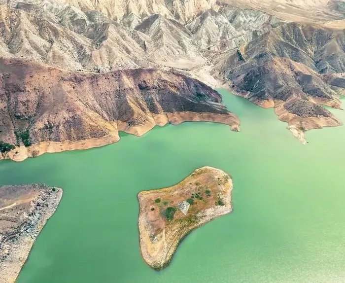 Framed Print : Aerial view on mountain lake. Drone over water reservoir at mountain valley Framed Print : Aerial view on mountain lake. Drone over water reservoir at mountain valley