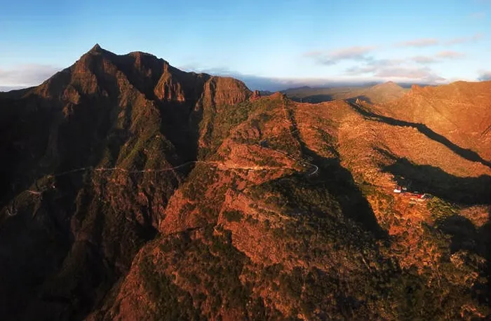 Framed Print : Aerial view of mountain road to Masca village on Tenerife at sunset, Canary Islands, Spain. Panorama Framed Print : Aerial view of mountain road to Masca village on Tenerife at sunset, Canary Islands, Spain. Panorama