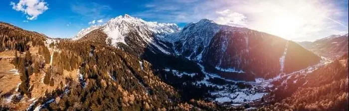 Framed Print : Aerial top view Mountain village with lift in Italy Alps Framed Print : Aerial top view Mountain village with lift in Italy Alps