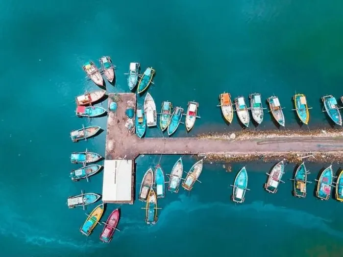 Framed Print : Aerial View Top down Multi colour Fishing boats parking Framed Print : Aerial View Top down Multi colour Fishing boats parking