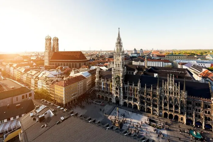 Framed Print : Aerial view on Munich old town hall or Marienplatz town hall and Frauenkirche in Munich, Germany Framed Print : Aerial view on Munich old town hall or Marienplatz town hall and Frauenkirche in Munich, Germany
