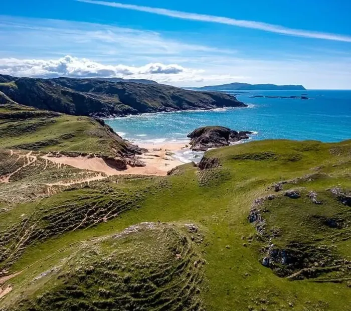 Framed Print : Aerial view of the Murder Hole beach, officially called Boyeghether Bay in County Donegal, Ireland Framed Print : Aerial view of the Murder Hole beach, officially called Boyeghether Bay in County Donegal, Ireland