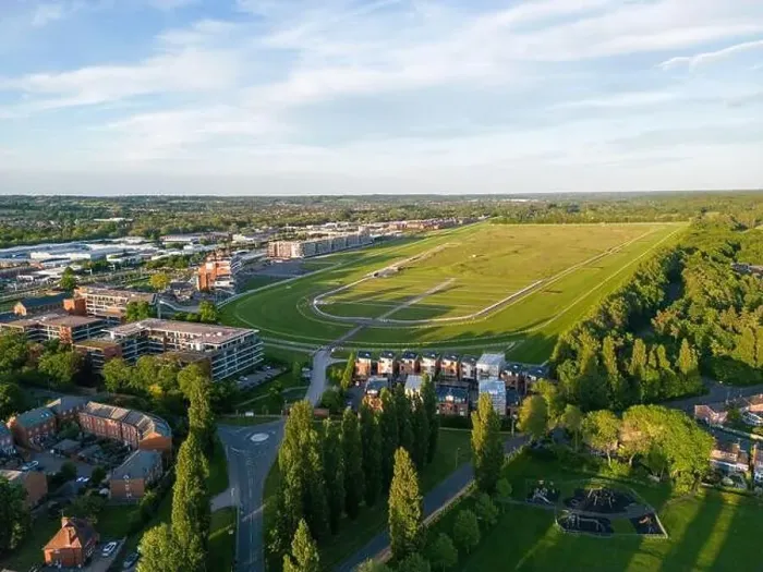 Framed Print : Aerial view over Newbury Racecourse at golden hour Framed Print : Aerial view over Newbury Racecourse at golden hour