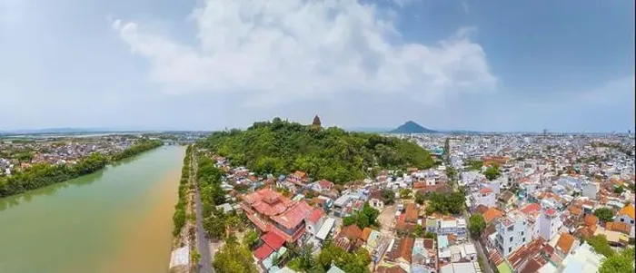 Framed Print : Aerial view of Nhan temple, tower is an artistic architectural work of Champa people in Tuy Hoa city Framed Print : Aerial view of Nhan temple, tower is an artistic architectural work of Champa people in Tuy Hoa city