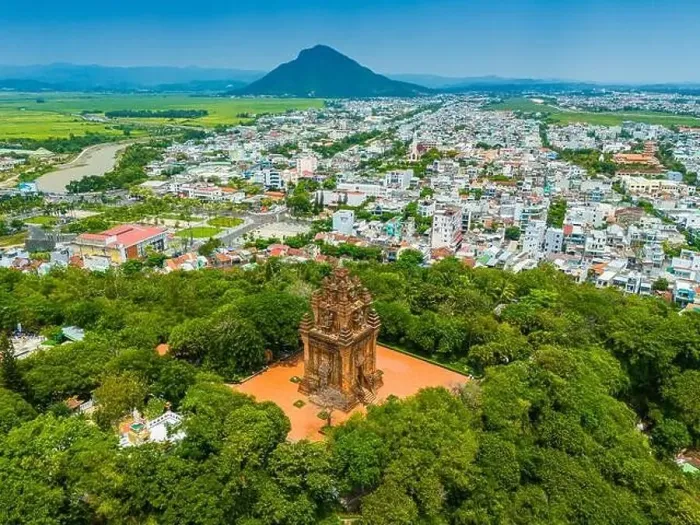 Framed Print : Aerial view of Nhan temple, tower is an artistic architectural work of Champa people in Tuy Hoa city Framed Print : Aerial view of Nhan temple, tower is an artistic architectural work of Champa people in Tuy Hoa city