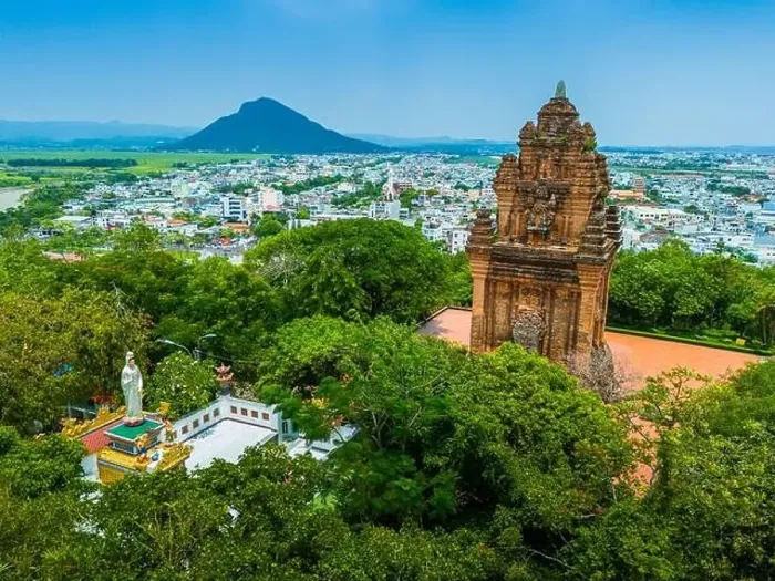 Framed Print : Aerial view of Nhan temple, tower is an artistic architectural work of Champa people in Tuy Hoa city Framed Print : Aerial view of Nhan temple, tower is an artistic architectural work of Champa people in Tuy Hoa city