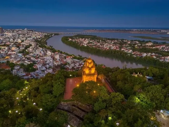 Framed Print : Aerial view of Nhan temple, tower is an artistic architectural work of Champa people in Tuy Hoa city Framed Print : Aerial view of Nhan temple, tower is an artistic architectural work of Champa people in Tuy Hoa city