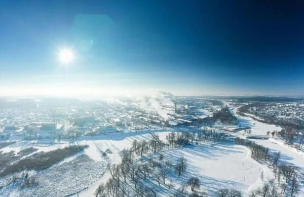 Aerial View Of Old And Modern Paper Factory In Sunny Winter Morning. Historical Heritage In Bird's-eye View. Dobrush, Gomel Region, Belarus