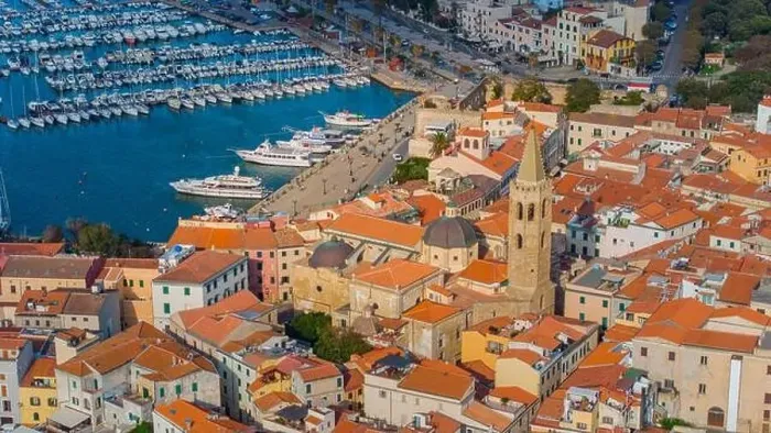 Framed Print : Aerial view of the old town of Alghero in Sardinia Framed Print : Aerial view of the old town of Alghero in Sardinia
