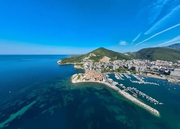 Framed Print : Aerial view of the old town in Budva in a beautiful summer day, Montenegro Framed Print : Aerial view of the old town in Budva in a beautiful summer day, Montenegro