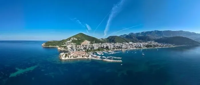 Framed Print : Aerial view of the old town in Budva in a beautiful summer day, Montenegro Framed Print : Aerial view of the old town in Budva in a beautiful summer day, Montenegro