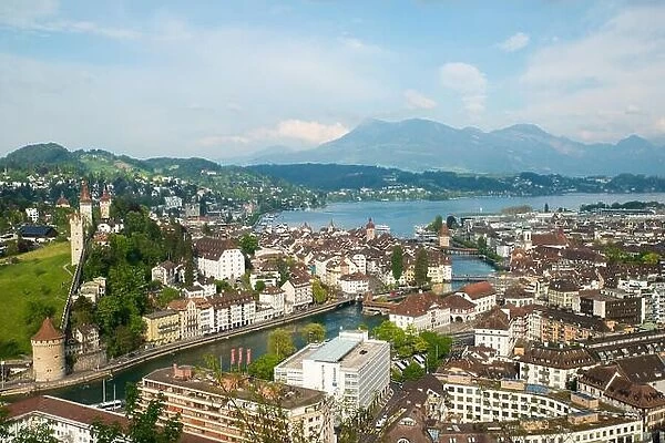 Aerial view of the old town, Lucerne city with lake Lucerne and Rigi mountain in background, Switzerland