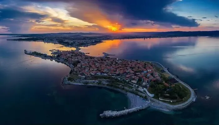 Framed Print : Aerial view to old town of Nessebar, Bulgaria at sunset Framed Print : Aerial view to old town of Nessebar, Bulgaria at sunset