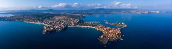 Framed Print : Aerial view of the old town of Sozopol, the Black Sea and mountains, Bulgaria.. Drone panoramic shot Framed Print : Aerial view of the old town of Sozopol, the Black Sea and mountains, Bulgaria.. Drone panoramic shot