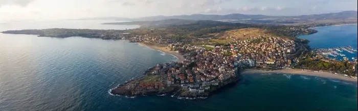 Framed Print : Aerial view of the old town of Sozopol, the Black Sea and mountains, Bulgaria.. Drone panoramic shot Framed Print : Aerial view of the old town of Sozopol, the Black Sea and mountains, Bulgaria.. Drone panoramic shot