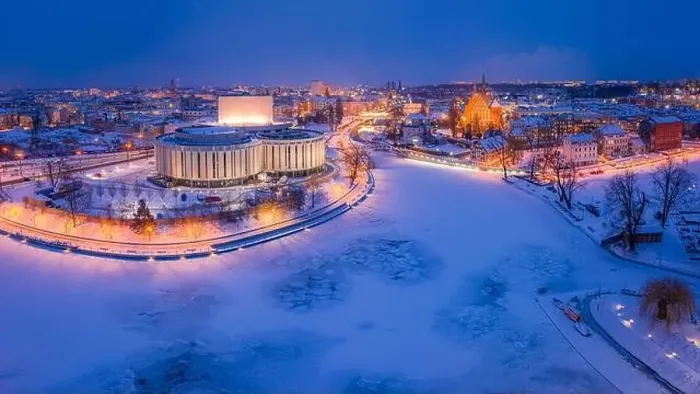 Framed Print : Aerial view of Opera in Bydgoszcz at dusk in winter, Poland Framed Print : Aerial view of Opera in Bydgoszcz at dusk in winter, Poland