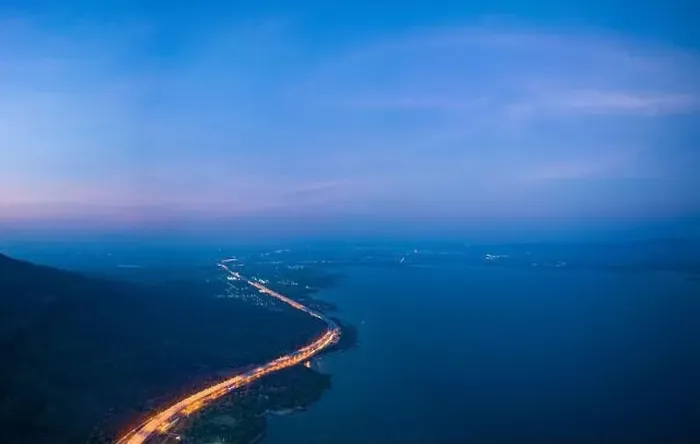 Framed Print : aerial view orange lights on the expressway along the route along the Lam Ta Khong Dam Framed Print : aerial view orange lights on the expressway along the route along the Lam Ta Khong Dam