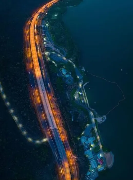Framed Print : aerial view orange lights on the expressway along the route along the Lam Ta Khong Dam Framed Print : aerial view orange lights on the expressway along the route along the Lam Ta Khong Dam