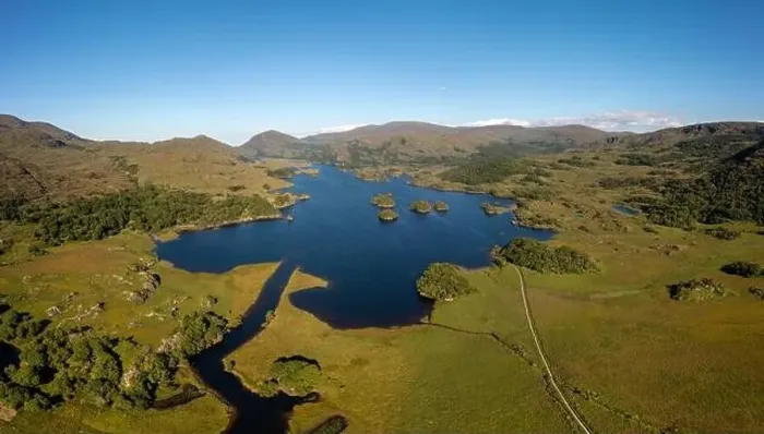 Framed Print : Aerial view of the Owengarriff River and Upper Lake in Killarney National Park in County Kerry Framed Print : Aerial view of the Owengarriff River and Upper Lake in Killarney National Park in County Kerry