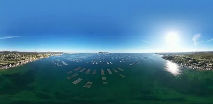 Framed Print : Aerial view of the oyster tables on the Etang de Thau in Occitanie, France Framed Print : Aerial view of the oyster tables on the Etang de Thau in Occitanie, France