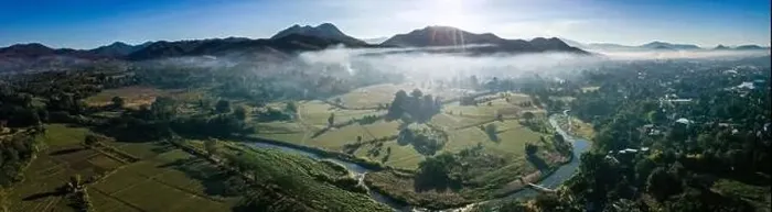 Framed Print : Aerial view of Pai during sunrise with fog in Mae Hong Son, Thailand. High quality Photo Framed Print : Aerial view of Pai during sunrise with fog in Mae Hong Son, Thailand. High quality Photo