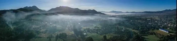 Framed Print : Aerial view of Pai during sunrise with fog in Mae Hong Son, Thailand. High quality Photo Framed Print : Aerial view of Pai during sunrise with fog in Mae Hong Son, Thailand. High quality Photo