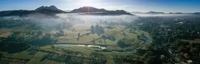 Framed Print : Aerial view of Pai during sunrise with fog in Mae Hong Son, Thailand. High quality Photo Framed Print : Aerial view of Pai during sunrise with fog in Mae Hong Son, Thailand. High quality Photo