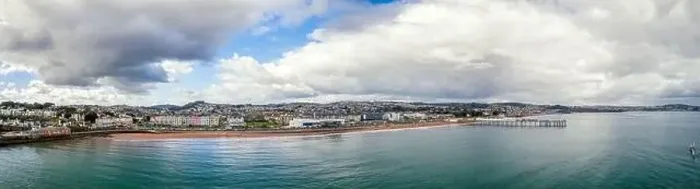 Framed Print : Aerial view of Paignton Pier and Beach from a drone, Paignton, Devon, England, Europe Framed Print : Aerial view of Paignton Pier and Beach from a drone, Paignton, Devon, England, Europe