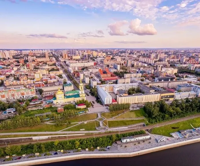 Framed Print : Aerial top view panorama city Perm and central embankment of Kama river Russia, sunset drone photo Framed Print : Aerial top view panorama city Perm and central embankment of Kama river Russia, sunset drone photo