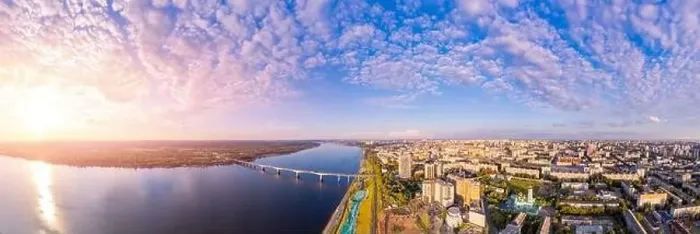 Framed Print : Aerial top view panorama city Perm and central embankment of Kama river Russia, sunset drone photo Framed Print : Aerial top view panorama city Perm and central embankment of Kama river Russia, sunset drone photo