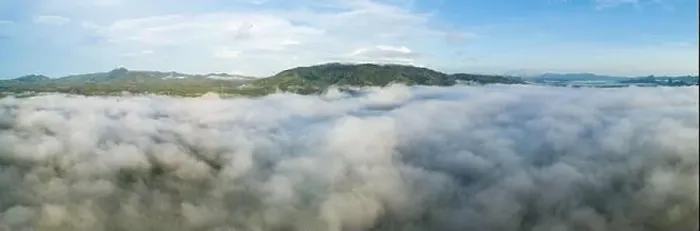 Framed Print : Aerial view Panorama of flowing fog waves on mountain tropical rainforest Framed Print : Aerial view Panorama of flowing fog waves on mountain tropical rainforest