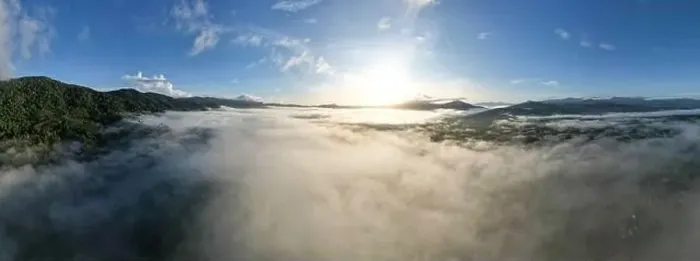 Framed Print : Aerial view Panorama of flowing fog waves on mountain tropical rainforest