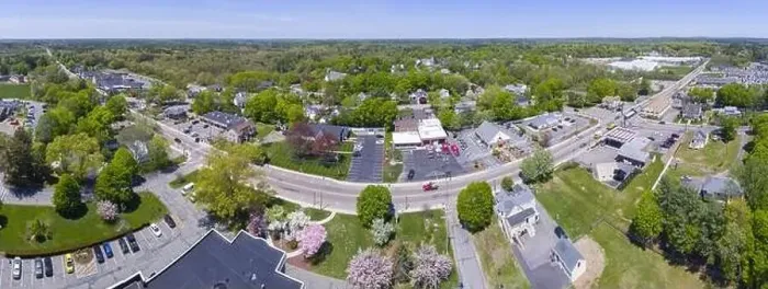 Framed Print : Aerial view panorama of Millis historic town center and Main Street in spring Framed Print : Aerial view panorama of Millis historic town center and Main Street in spring