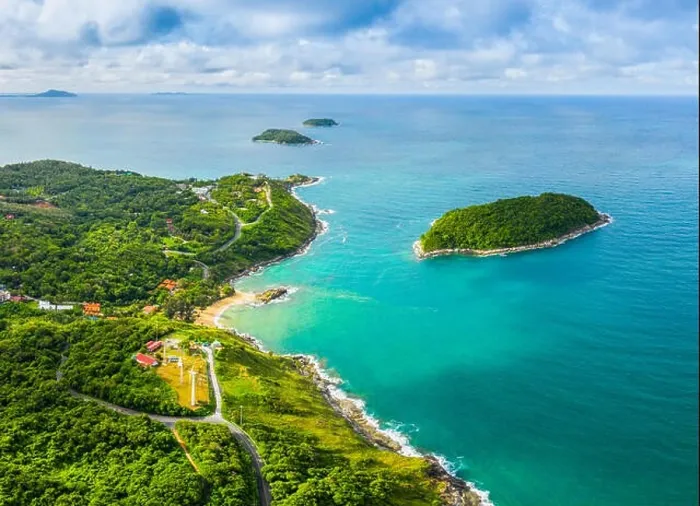 Framed Print : aerial view panorama Phromthep cape and wind tubine viewpoint Framed Print : aerial view panorama Phromthep cape and wind tubine viewpoint