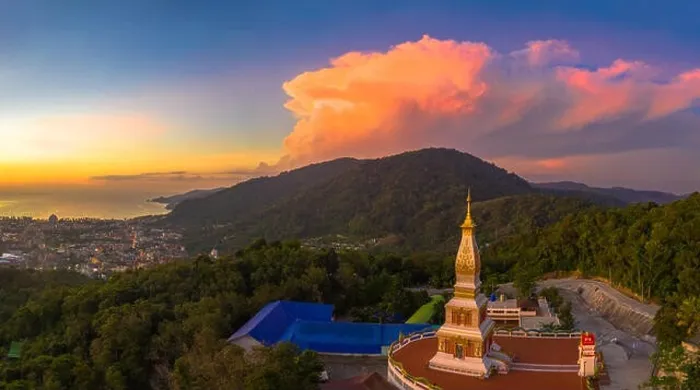 Framed Print : aerial view panorama scenery sunset above pagoda in Doi Thepnimit temple Patong Framed Print : aerial view panorama scenery sunset above pagoda in Doi Thepnimit temple Patong