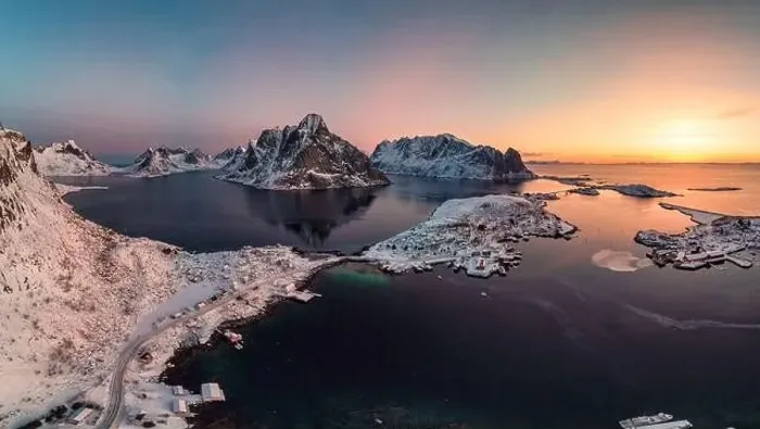 Framed Print : Aerial view, Panorama, Sunrise on Lofoten island is archipelago with fishing village on coastline in winter at Norway Framed Print : Aerial view, Panorama, Sunrise on Lofoten island is archipelago with fishing village on coastline in winter at Norway