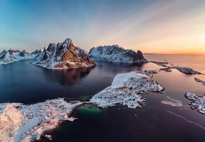 Framed Print : Aerial view, Panorama, Sunrise on Lofoten island is archipelago with fishing village on coastline in winter at Norway Framed Print : Aerial view, Panorama, Sunrise on Lofoten island is archipelago with fishing village on coastline in winter at Norway